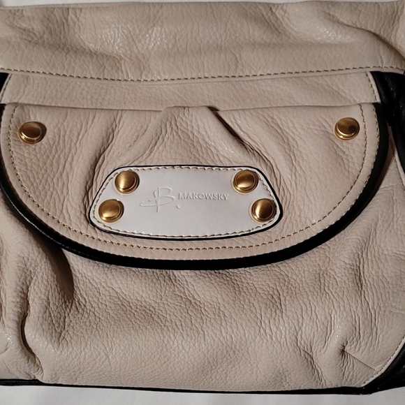 B.Makowsky Black Cream Leather Shoulder Bag Purse - Picture 2 of 15